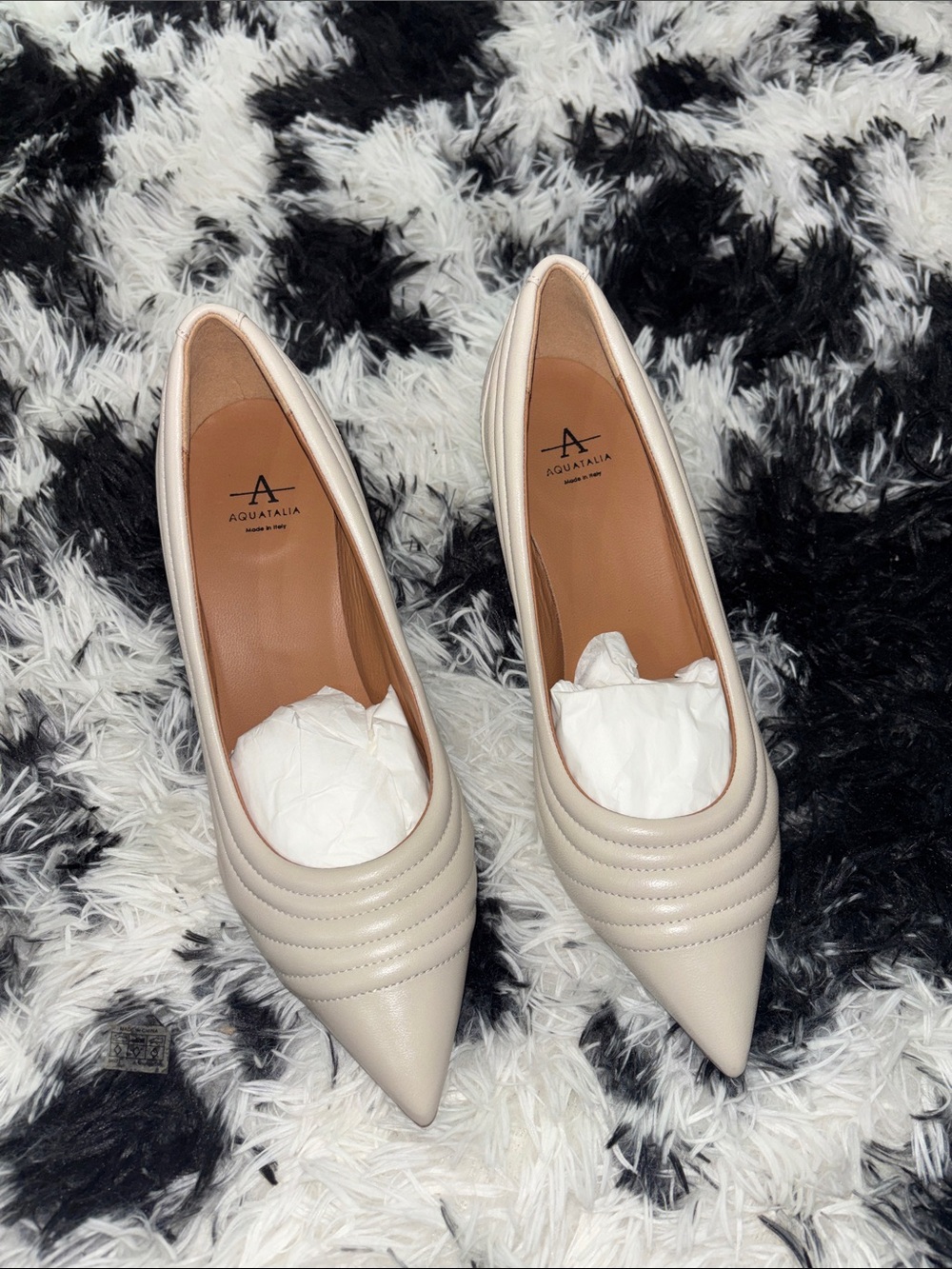 Aquatalia Cream Pointed-Toe Quilted Leather Flats